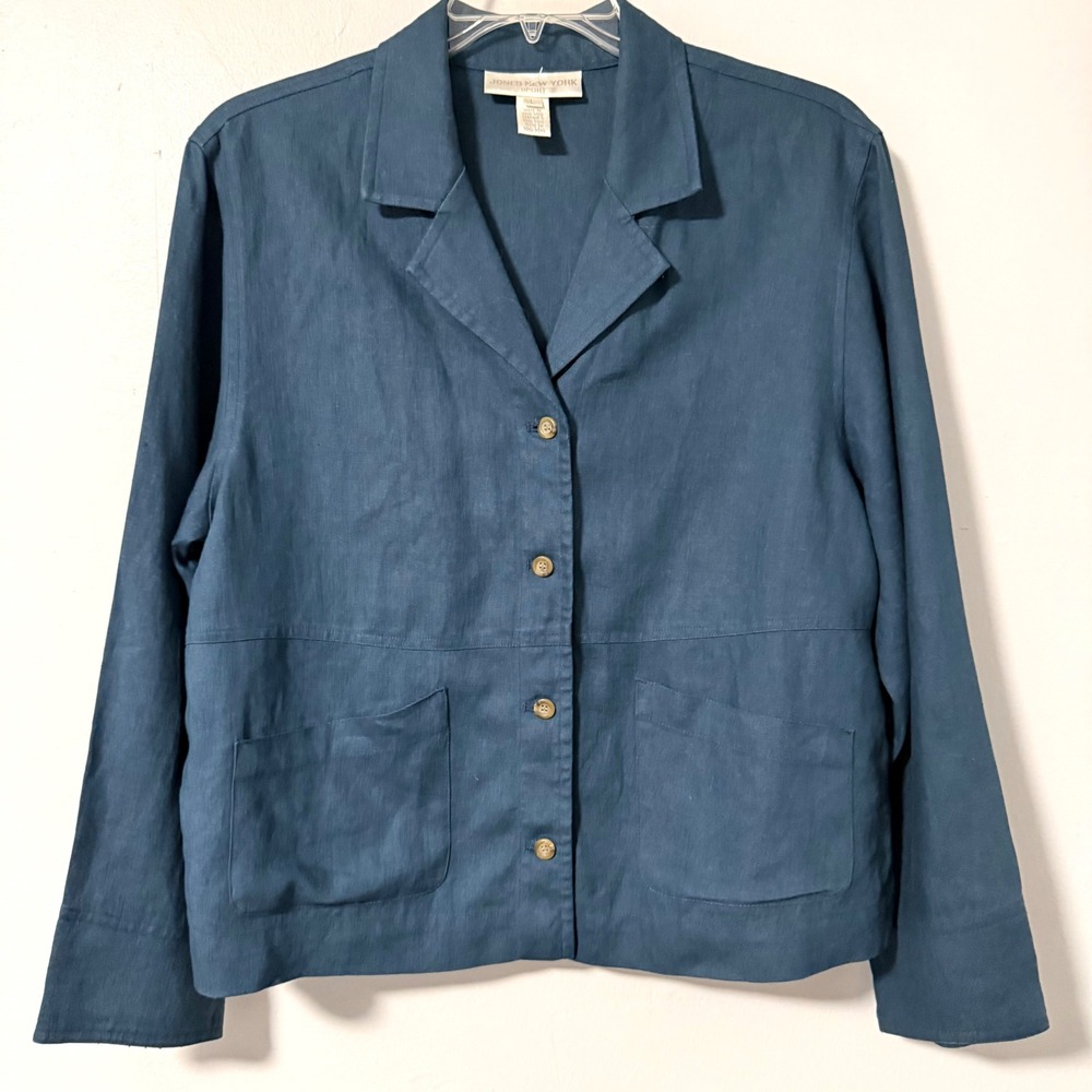 Jones New York Sport Teal Blue 100% Linen Button Front Jacket Large L Blazer